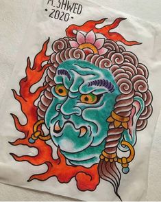 a white bag with an image of a demon on it's face and flames