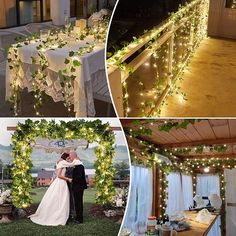 a couple is getting married in front of a table with lights and greenery on it