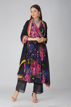 Black anarkali angarkha with all over multi color flower, night sky print, metallic sequin and scalloped lace embellished borders. Paired with straight fit pant with sheer border details and scalloped lace bordered dupatta. - Aza Fashions Angarkha Anarkali, Black Anarkali, Flower Night, Straight Fit Pants, Color Flower, Lace Border, Fashion App, Scalloped Lace, Set For Women