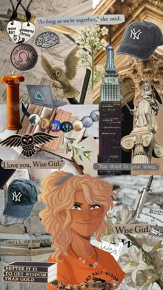 the collage has many different pictures and words on it, including an image of a woman