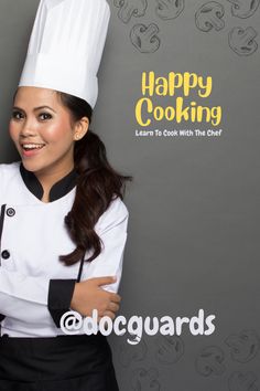 a woman wearing a chef's hat and holding her arms crossed with the caption happy cooking learn to cook with the chef