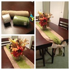 the table is set for thanksgiving dinner with fall flowers and burlap wrapped napkins