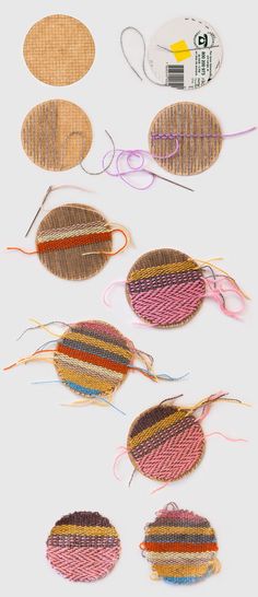 several pieces of woven material with scissors and thread on the top one is pink, brown, yellow and orange