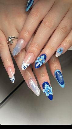 Blue 3d Nails, Posh Nails, Dark Blue Flowers, Blue Nail Designs, Acrylic Nails Coffin, 3d Nails, Floral Nails, Blue Nails