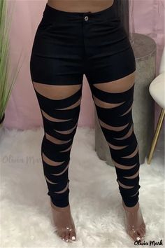 Olivia Mark - Premium Black High-Waisted Skinny Pencil Trousers with Fashionable Ripped Detailing Bandage Leggings, Navy Blue Fashion, Pencil Trousers, Ladies Short Jackets, Shiny Pants, Trouser Outfits, Party Pants, Casual Stripes, Orange Fashion