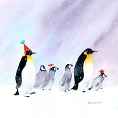 a group of penguins standing next to each other in the snow with a party hat on