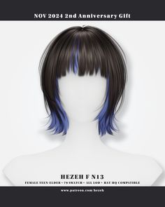 an image of a woman with blue hair and bangs on her head, in front of a white background