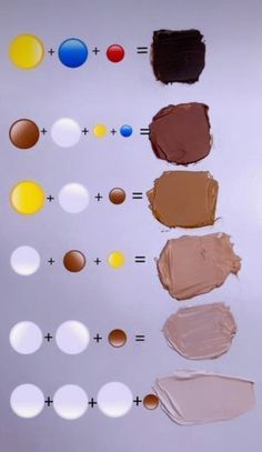 the different shades of makeup are arranged on a white surface with circles and dots around them