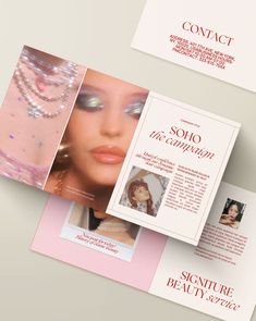 three different brochures with the same woman's face and jewelry on them