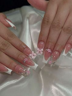 Nails For Square Nails, Pink Nails For Wedding, Pink Nails With 3d Flowers, Pretty Nails French Tip, Medium Length Square Nails Acrylic, Cute Nails With Rhinestones, Simple Medium Nails, Flower Charm Nails, Cute Medium Length Nails