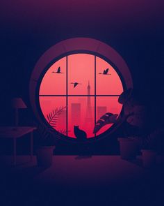 a cat sitting in front of a round window with birds flying over the city at sunset