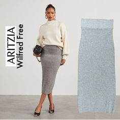 Aritzia Wilfred Free Ribbed Knit Midi Pencil Sweater Skirt Bodycon Bandage Style Color Gray Size M Brand New Without Tag Midi Length Measurements Shown In Photos Thick And High Quality Yarn Made In Italy Pull On Neutral, Modern Minimalist And Quiet Luxury Style Stock Photos Are For Styling Ideas Only. See Other Pictures For More Details On The Item For Sale. Tags: Engagement Photoshoot, Wedding Guest Red Carpet , Cocktail Party, Special Events, Date Nights Derby, Black Tie, Wine Tasting, Holiday Affordable Trendy Pencil Skirt, Luxury Skirt For Women's Date Night, Knitted Pencil Skirts, Pencil Skirt With Boots Midi, Business Casual Knit Skirt, Pencil Skirt Cold Weather, Satin Midi Skirt Snowy, Pencil Skirt Matching Set, Midi Pencil Skirt Dress