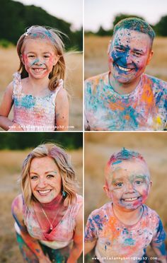 four different pictures of a child covered in colored paint and smiling at the camera with his mother