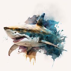 a painting of a great white shark with watercolor splashes on it's face