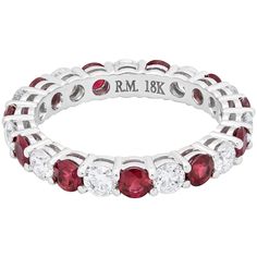 A classic alternating eternity wedding band ring that features round cut rubies weighing 1.34 carats and round white diamonds weighing 1.18 carats. The stones weigh a total of 2.52 carats. Set in shared-prongs setting in an open gallery design, this ring is made with 18K white gold. Size 7 US, resizable upon request. Roman Malakov is a custom house, specializing in creating anything you can imagine. If you would like to receive a special quote on a custom piece, please message or call us. Bezel Set Wedding Band, Ruby Eternity Ring, Ruby Eternity Band, Gorgeous Wedding Bands, Ruby Wedding Band, Diamond Eternity Wedding Band, Ring Jewellery Design, Beautiful Wedding Rings, White Gold Wedding Bands