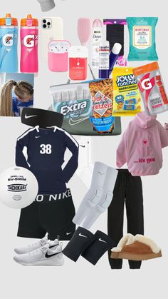 a collage of sports items including shoes, gloves and other things