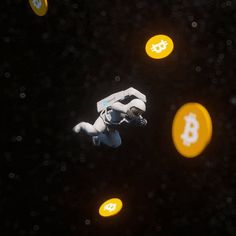 a man in mid air with bitcoin coins around him