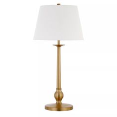 a gold lamp with a white shade on it