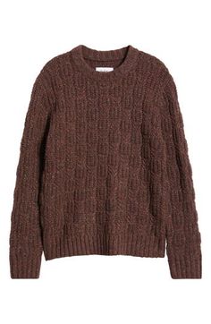 Warm and classic, this woolly cable-stitch sweater is updated with dropped shoulders for a slightly slouchy fit. 26" length (size Medium) Crewneck Long sleeves Ribbed cuffs and hem 65% wool, 30% nylon, 5% alpaca hair Hand wash, dry flat Imported Stitch Sweater, Brown Fits, Cable Stitch, Fabric Gift Bags, Nordstrom Store, Fabric Gifts, Free Fabric, Wool Blend Sweater, Print Gifts