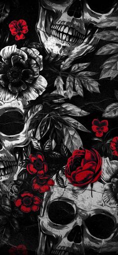 two skulls and three roses on a black background with red flowers in the foreground