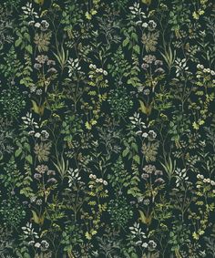 a green and white floral wallpaper with lots of flowers on it's sides