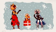 three cartoon characters are standing in the snow with presents around their ankles and one is holding a present