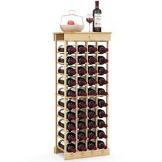 a wooden wine rack filled with lots of bottles