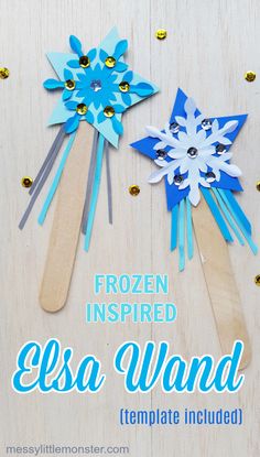 two paper snowflakes on wooden spoons with text overlay that says frozen inspired essa wands