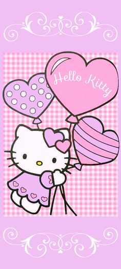 a hello kitty holding a heart shaped balloon with the word hello kitty on it's side