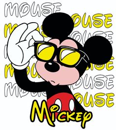 the mickey mouse is wearing sunglasses and pointing to his left side with words above him