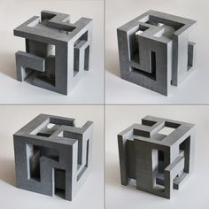 four different angles of an object made out of concrete blocks, each with a square and rectangle design