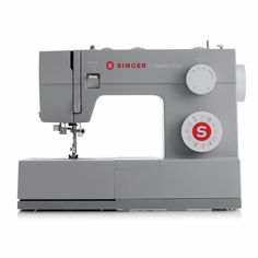 the singer heavy duty sewing machine is grey with red and white numbers on it's buttons