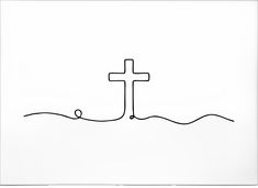 a black and white drawing of a cross in the water with a ball on it