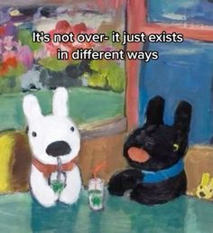 a painting of a dog next to a rabbit holding a drink