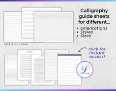 four lined notebooks with the text, calligraphy guide sheets for different styles and sizes