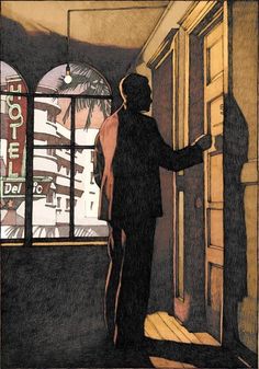 a drawing of a man standing in front of a window