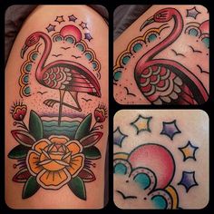 some tattoos that have flamingos on them and flowers in the middle with stars around them