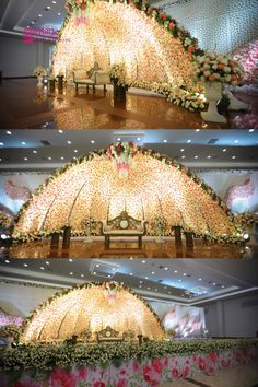 the inside of a building decorated with lights and flowers on it's ceiling is shown in three different stages