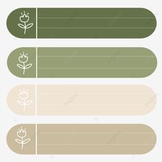 four different types of flower labels with white flowers on green, beige and brown stripes