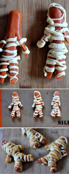 several pictures of hot dogs wrapped in pretzels, and then made to look like human legs