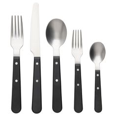 four forks, two knives and three spoons on a white background with black handles