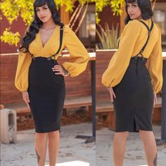 Meet Our Whittier Skirt! A Classic Wiggle With Suspenders! A Staple For Any Wardrobe, And Can Easily Be Styled For Day, Evening, Or Business. Paired Here With Our Verona Top In Yellow. Bengaline (Cotton/Nylon/Spandex), High Stretch 3-4 Inches Fit Advice If In Between Sizing Size Down :) Classic Wiggle With Suspenders! A Staple For Any Wardrobe, And Can Easily Be Styled For Day, Evening, Or Business. Paired Here With Our Verona Top In Yellow. Bengaline (Cotton/Nylon/Spandex), High Stretch 3-4 Inc Rework Clothes, Retro Mode, Suspender Skirt, Bishop Sleeve