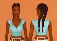 two women with braids standing next to each other in front of an orange wall