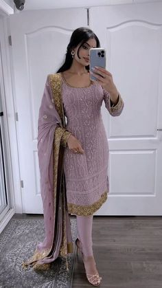 Simple Indian Suits, Wedding Salwar Suits, Suits For Women Indian, Georgette Suit, Punjabi Outfits, Georgette Dupatta, Purple Suits, Punjabi Dress