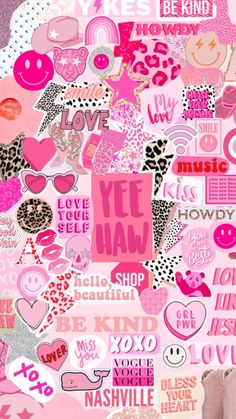 a collage of different types of stickers on a pink background with the words love and