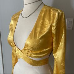 Excellent Condition Smoke Free Home Measurements Laying Flat: Shoulder Seam To Seam 14” Bust 17” Under Bust 15” (Keep In Mind There Is A Few Inches Of Give With The Wrap And 3 Hook & Eye Options I Wore Once To The Vintage Fashion Fair In Alameda California Yellow Long Sleeve Party Tops, Yellow V-neck Top For Party, Yellow Party Blouse For Spring, Yellow Spring Party Blouse, Yellow V-neck Top For Night Out, Chic Yellow Blouse For A Night Out, Yellow Summer Blouse For Night Out, Elegant Yellow Tops For Night Out, Elegant Yellow Top For Night Out