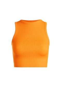 Orange Thick Rib Crop Tank Top Casual Crew Neck Seamless Crop Top, Ribbed Crop Top Athleisure, Orange Ribbed Sleeveless Top, Solid Color Crop Top With Ribbed Neckline For Spring, Spring Solid Crop Top With Ribbed Neckline, Spring Cropped Tops With Ribbed Neckline, Casual Orange Ribbed Top, Sporty Seamless Orange Top, Sporty Orange Seamless Top