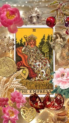 a tarot card surrounded by flowers and other items on a gold background with pink peonies