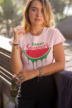 "Introducing our unisex t-shirt that captures the essence of sweet summer with its \"Sweet Summer Watermelon Shirt\" design. This shirt is the perfect way to celebrate the vibrant and refreshing flavors of the season. Crafted with care and made from high-quality materials, this t-shirt offers both style and comfort. The \"Sweet Summer Watermelon Shirt\" design showcases a juicy watermelon slice, evoking memories of picnics, beach days, and the simple pleasures of summer. This unisex t-shirt is m Summer T-shirt With Sublimation Print And Relaxed Fit, Trendy Pink Summer Shirt, Cute Crew Neck T-shirt For Beach Season, Sweet Pink Summer Tops, Sweet Pink Summer Top, Sweet Cotton Summer Top, Cute Summer Beach T-shirt, Trendy Summer Shirt With Graphic Print, Pink Crew Neck Summer Shirt