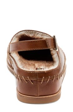 Cozy, earthy vibes define a shoe that's crafted from whipstitched leather and lined with plush faux fur. 3/4" platform height Adjustable slingback strap with buckle closure Leather upper/faux-fur lining/rubber sole Imported Brown Slingback Mules With Cushioned Footbed, Brown Leather Slingback Mules, Brown Leather Mules With Suede Lining, Winter Leather Mules With Cushioned Footbed, Winter Leather Closed Toe Mules, Winter Leather Mules In Brown, Winter Brown Leather Mules, Earthy Vibes, Slingback Flats